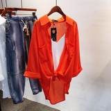 韩国2016女装夏款韩版宽松口袋蝙蝠袖衬衫中长款防晒衣空调衫
