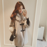 2015冬季新款韩版羊羔毛呢子大衣毛领单排扣修身中长款毛呢外套女