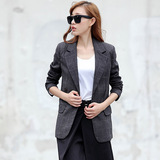 2015新款秋装女装韩版中性格子小西装一粒扣修身中长款细格纹外套