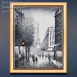 欧式黑白巴黎街景风景有框画手绘油画客厅装饰画酒店餐厅挂画