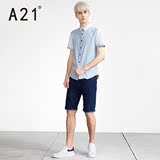 A21男装纯棉舒适格子拼接修身衬衣 2016夏装新品牛津纺短袖衬衫男