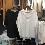 韩国外贸原单韩版宽松显瘦蝙蝠袖套头纯棉V领衬衫女中袖五分镂空