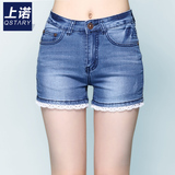 2016夏季新品高腰蕾丝牛仔短裤女夏显瘦大码热裤韩国学生短裤