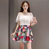 韩版小香风修身气质蕾丝短袖上下套装裙2016新款夏装女两件套裙子