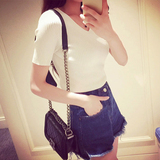 韩国代购螺纹套头纯棉白色紧身短袖t恤女夏装上衣针织打底衫薄款