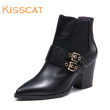 KISS CAT/接吻猫2015女鞋秋新款尖头高跟欧美短筒套脚正装靴子