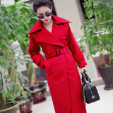 冬季加厚羊绒大衣女中长款韩版系带羊毛呢子过膝长袖修身红色外套