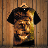 动物3D印花狮子图案短袖T恤夏装男士创意个性体恤大码