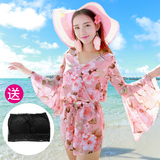 雪纺沙滩裙波西米亚韩版喇叭袖V领海边度假短连衣裙裤女装短裙
