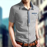 夏季新款 韩版时尚休闲男士短袖男衬衣 灰色牛仔半袖棉衬衫 潮