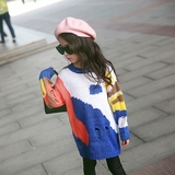 童装2016秋冬季新款韩版女童针织彩色破洞线衣长款儿童毛衣裙子