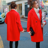 2016冬季新款大红色加厚呢子大衣女中长款韩版宽松茧型羊毛呢外套