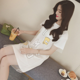 夏季新款韩版学生中长款卡通印花假两件网纱罩衫套装宽松连衣裙女