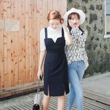 韩国代购Cherrykoko韩版女装2016春季复古风修身U型领背带连身裙