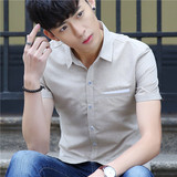 韩国代购夏季男士短袖衬衫修身半袖印花衬衣商务百搭薄款男装上衣