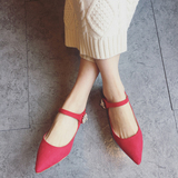 3厘米 4月新款平底鞋 少女风一字扣带红色尖头低跟女鞋 红色婚鞋