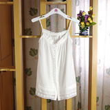 夏季女装百搭白色纯色多扣镂空花边中长款打底背心全棉吊带小开衫