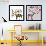 喜庆麋鹿装饰画简约北欧美式抽象动物儿童房壁挂墙画创意有框饰画