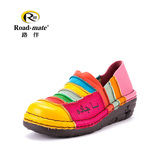 路伴女士时尚休闲牛皮拼接坡跟彩色彩虹鞋 手工鞋 女单鞋ZF320