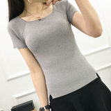 2016春装韩版修身百搭针织衫短袖T恤一字领短款女装薄打底衫上衣