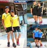 透气胜利羽毛球运动衣 女装男装套装 上衣 黄蓝黑紫色 圆领短袖