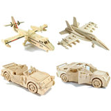 益智木质3d立体儿童积木拼图 男孩智力拼装玩具木制飞机汽车模型
