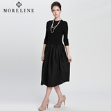 MORELINE沐兰2016春季新品气质修身黑色百搭拼接假两件针织连衣裙