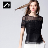 ZK2016新款女装春装蕾丝衫短袖 镂空蕾丝雪纺衫 网纱修身上衣春夏