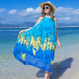 2016沙滩裙夏长裙羽毛印花雪纺大码显瘦连衣裙波西米亚海边度假裙
