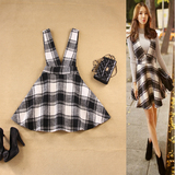 2件包邮大码韩国女装2015秋冬新款黑白格高腰V领羊毛呢背带连衣裙
