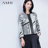 Amii女装旗舰店2016春艾米撞色抽象印花空气层大码拉链短外套