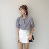 夏季新款韩版女条纹V领衬衫后背单排多扣宽松灯笼袖衬衣+E18