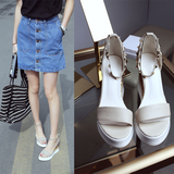 香港代购2016夏季新款铆钉高跟真皮凉鞋一字扣鱼嘴坡跟松糕女鞋子