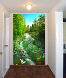 3D立体墙纸壁画竖版玄关过道走廊背景壁纸壁画田园自然风景小路花