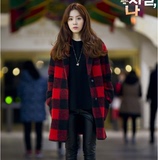 韩国代购2015秋冬新款韩智敏明星同款红黑格子中长款毛呢外套潮女