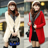 2015冬季新款韩版加厚加绒中长款时尚针织连帽保暖毛衣外套女开衫