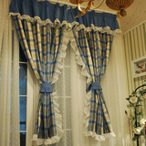 鸟与树--乡村/地中海风格格子窗帘带蓝色帘头定做--蓝色多瑙河