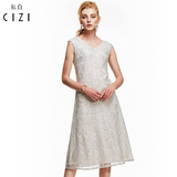 cizi2016夏新款 复古优雅礼服裙V领无袖修身气质蕾丝连衣裙女长裙