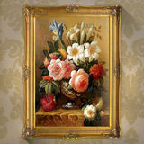 欧式手工手绘油画古典花卉客厅餐厅玄关卧室挂画有框装饰画GD001