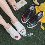 小白鞋女皮面系带韩版白色板鞋涂鸦帆布鞋女平底运动鞋女士休闲鞋
