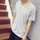 纯色大码青少年韩版V领短袖t恤衫男士夏季运动打底衫宽松小衫棉质