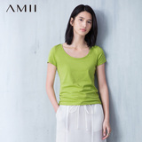 Amii[极简主义]2016春夏新品纯色圆领T恤短袖大码女装打底衫