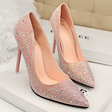 韩国公主水钻尖头高跟鞋优雅显瘦单鞋子 水晶女士婚鞋粉红色银色