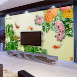 中式3D大型壁画客厅影视电视背景墙壁纸 富贵有余九鱼图荷花牡丹