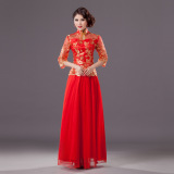 新款长款套装改良时尚蕾丝结婚新娘旗袍 红色立领敬酒服旗袍厂家