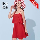 欧莎2016夏季新款女装短裙韩版吊带假两件红色雪纺连衣裙夏B13294