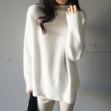 韩国2015冬装新款兔毛宽松不规则打底白色高领毛衣女套头中长款潮