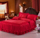 纯棉蕾丝公主风床裙 韩版结婚庆大红全棉四件套床罩床套床上用品