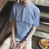 16夏季新款原创日系潮流男士套头休闲衬衫 字母印花短袖立领衬衫