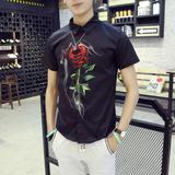 红玫瑰3D印花长袖衬衫男潮流春秋季修身韩版青少年短袖白衬衣碎花